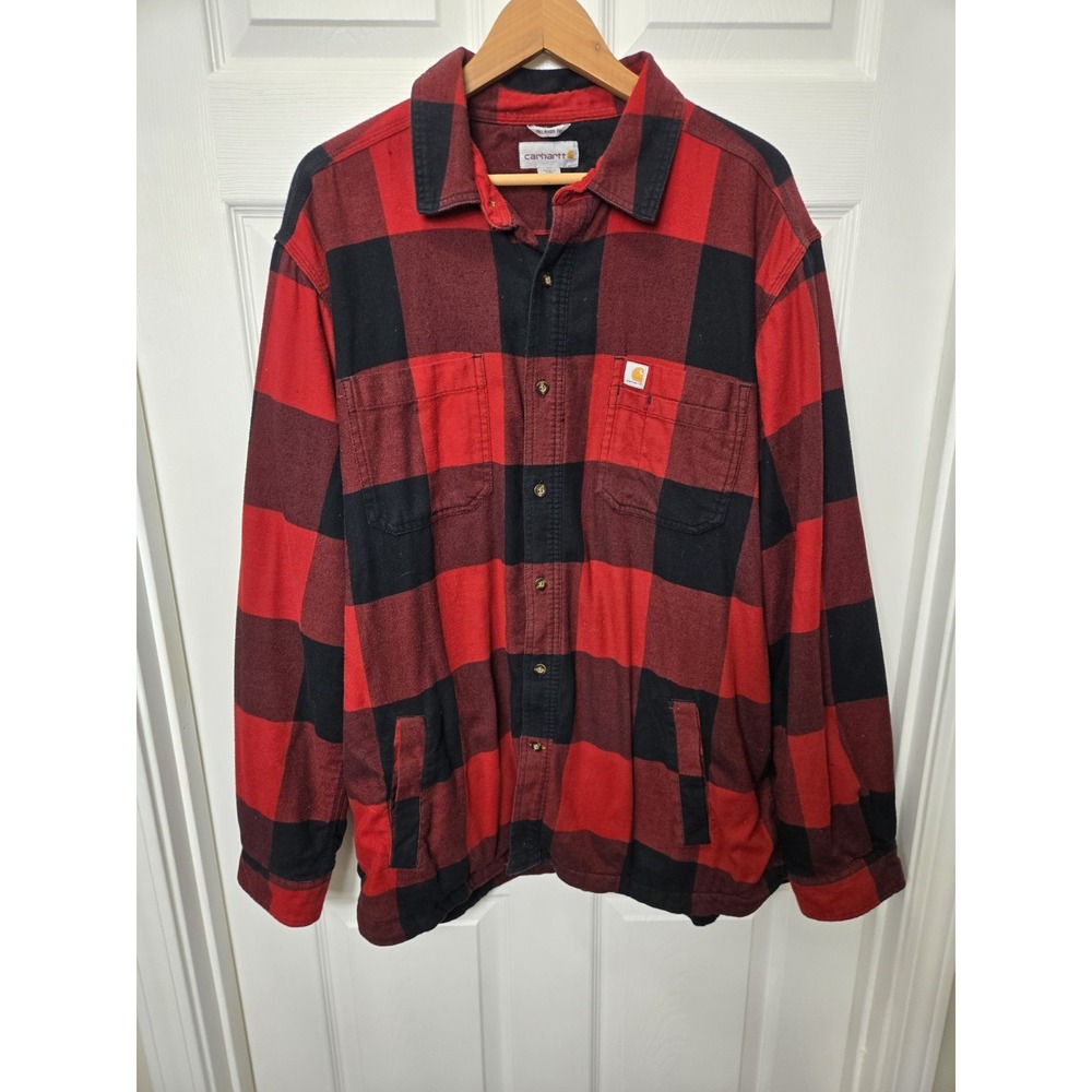 Carhartt Relaxed Fit Red Buffalo Plaid Flannel Fleece Lined Shacket Jacket XL